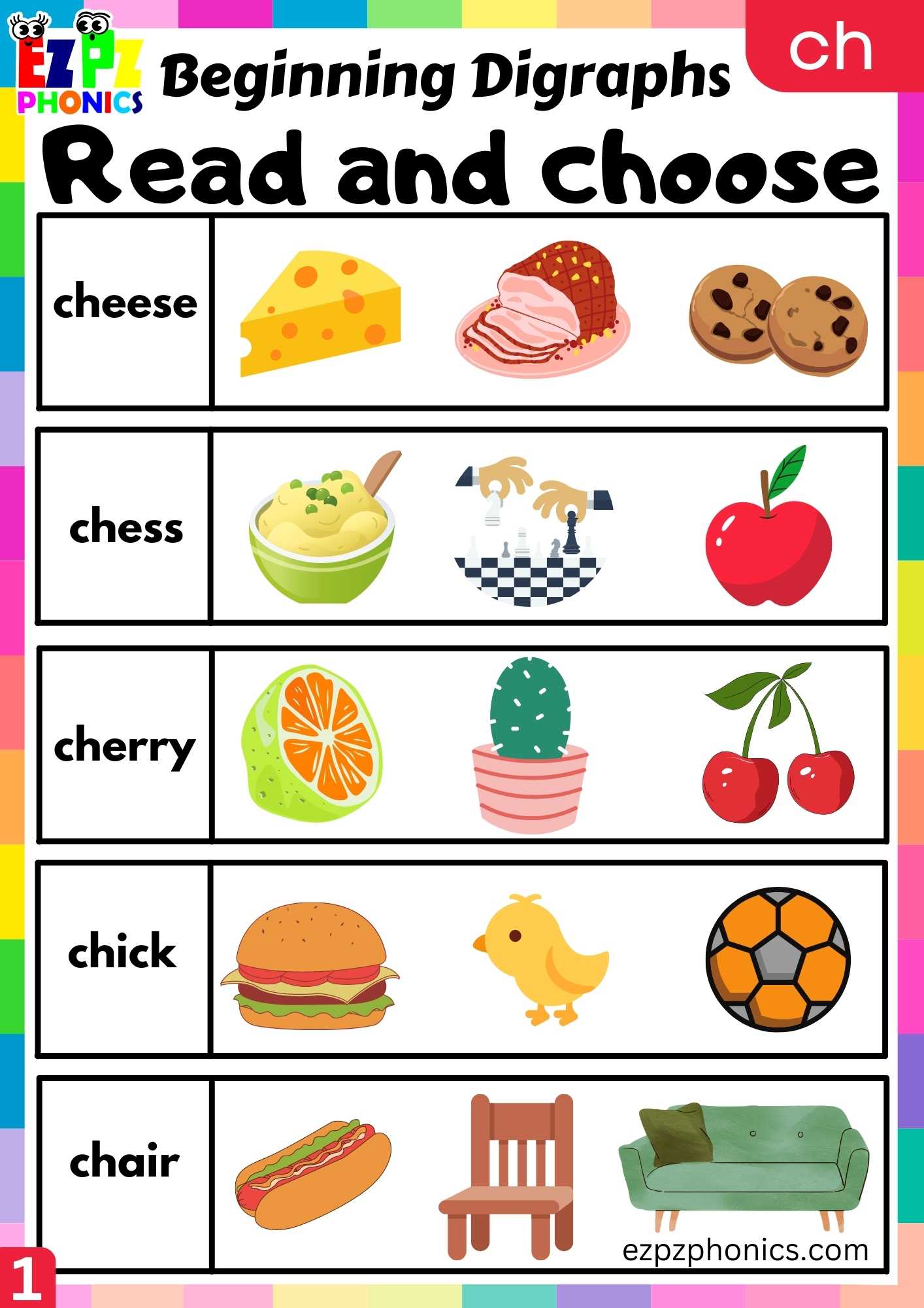 Group1 CH Words Read And Choose Consonant Digraphs Phonics Beginning Worksheet